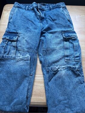 Blue Washed Denim Cargo Jeans